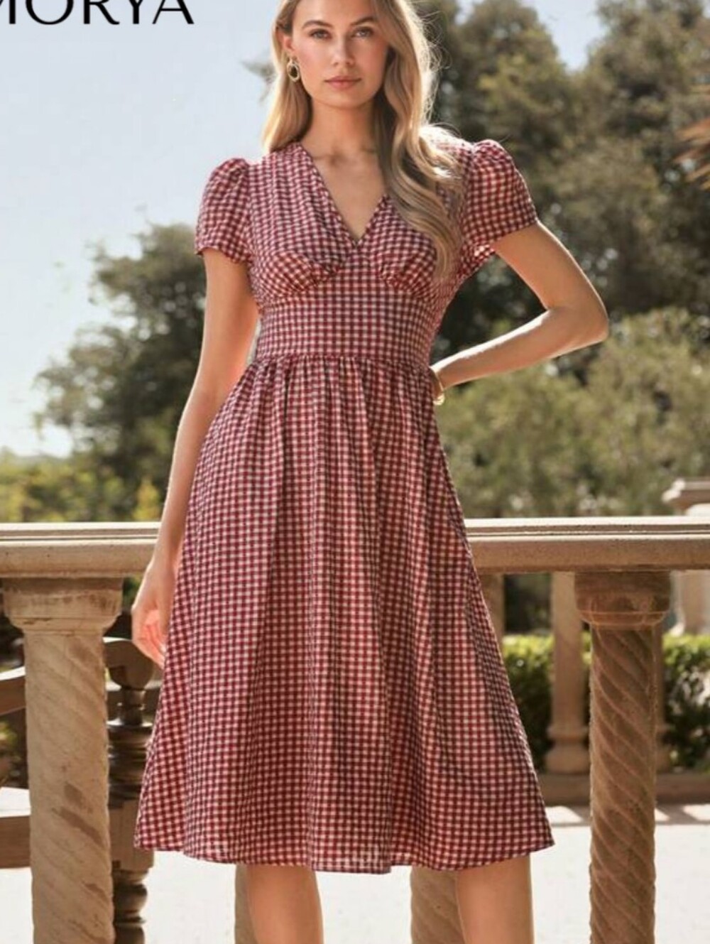 Red Gingham Midi Dress - V-Neck